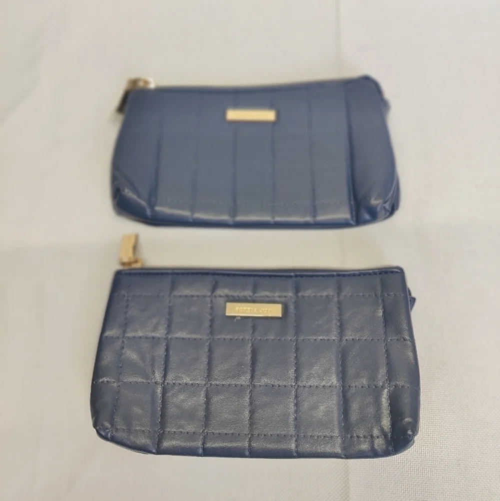 Two New Sophia Joy Makeup Bags Soft Quilted Navy Blue Faux Leather Zippers 4x7
